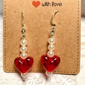 🎁FREE with $10 Purchase Red Hearts Handmade Valentines Silver Dangle Earrings